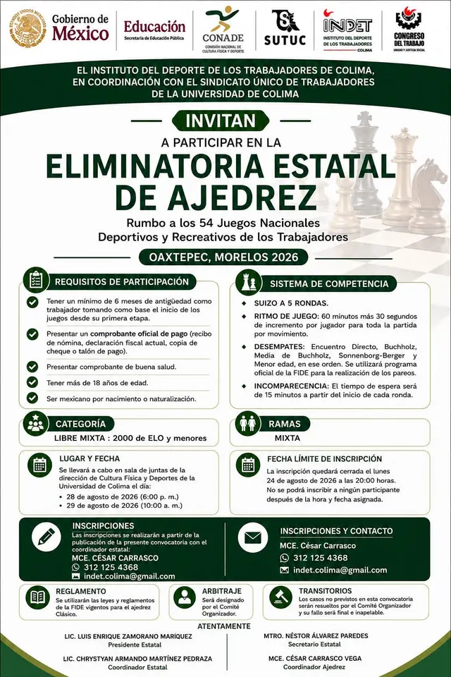Convocatoria de la eliminatoria estatal de ajedrez INDET Colima 2026