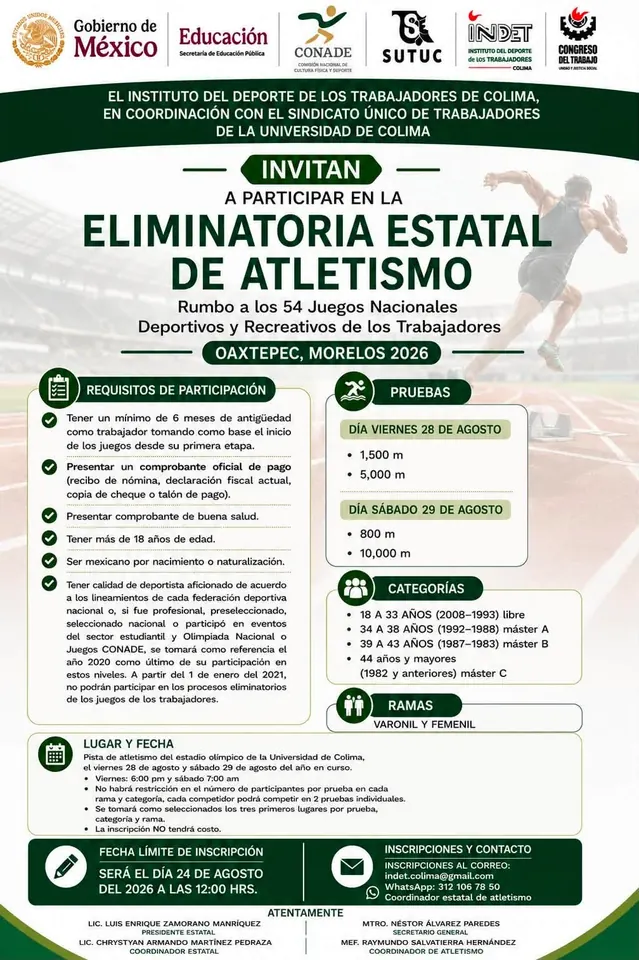 Convocatoria de la eliminatoria estatal de atletismo INDET Colima 2026