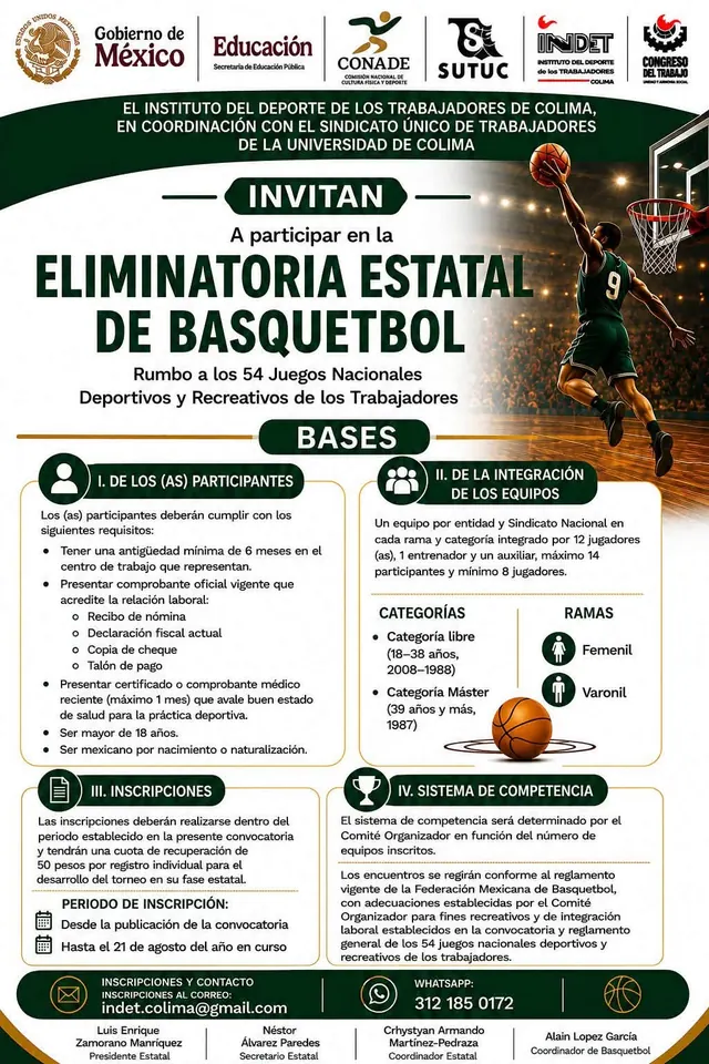 Convocatoria de la eliminatoria estatal de basquetbol INDET Colima 2026