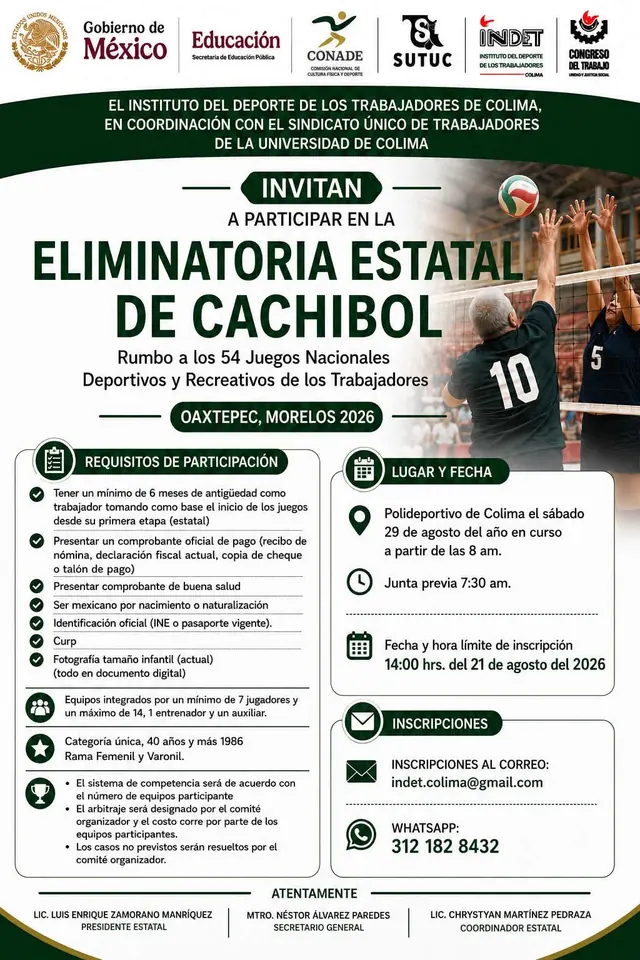 Convocatoria de la eliminatoria estatal de cachibol INDET Colima 2026