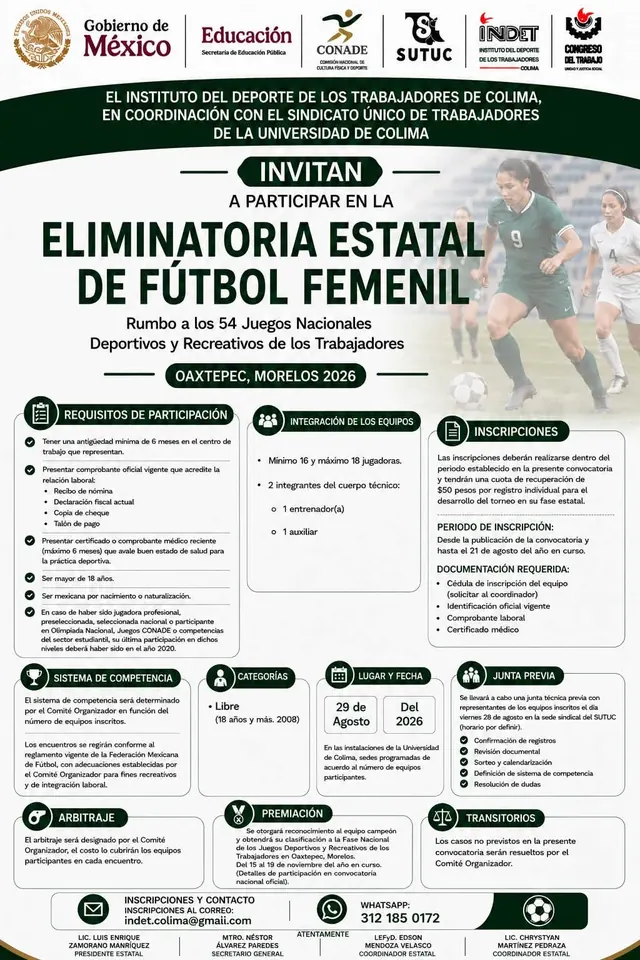 Convocatoria de la eliminatoria estatal de fútbol femenil INDET Colima 2026