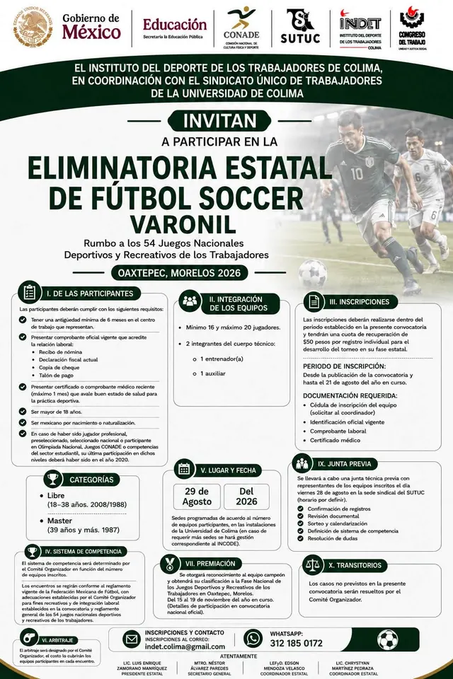 Convocatoria de la eliminatoria estatal de fútbol soccer varonil INDET Colima 2026