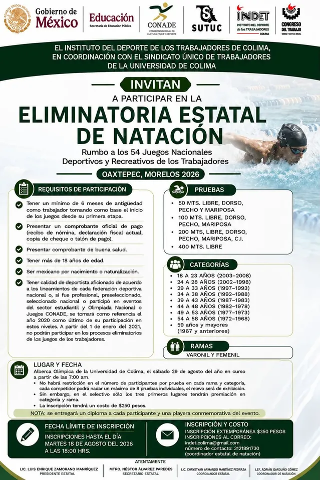 Convocatoria de la eliminatoria estatal de natación INDET Colima 2026