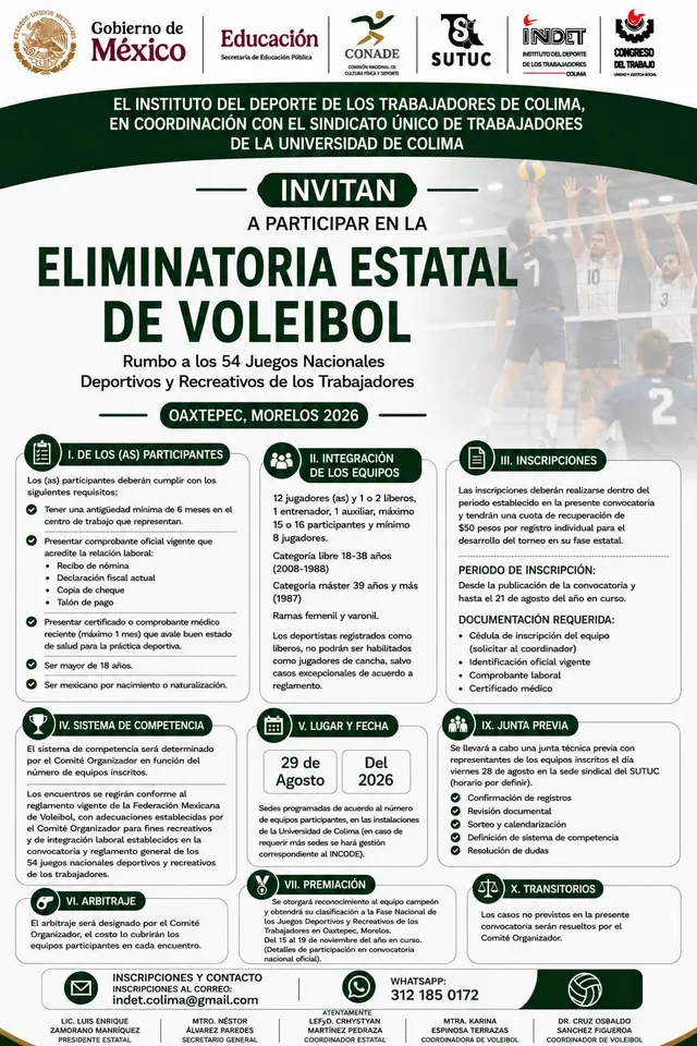 Convocatoria de la eliminatoria estatal de voleibol INDET Colima 2026